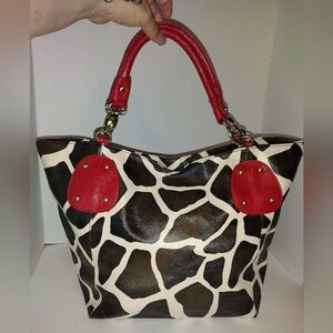 Massini Red and Brown Giraffe Print Tote